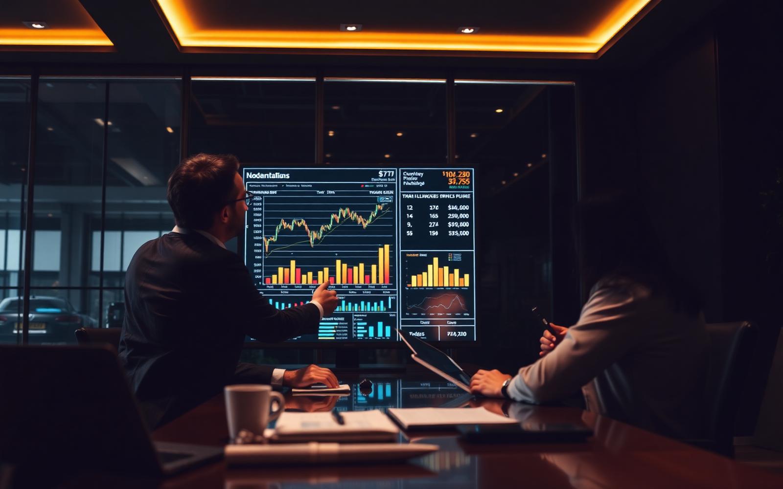 Gestão Financeira Empresarial — M4 Lopes Gestores analisando fluxo de caixa e indicadores em dashboard de gestão financeira empresarial