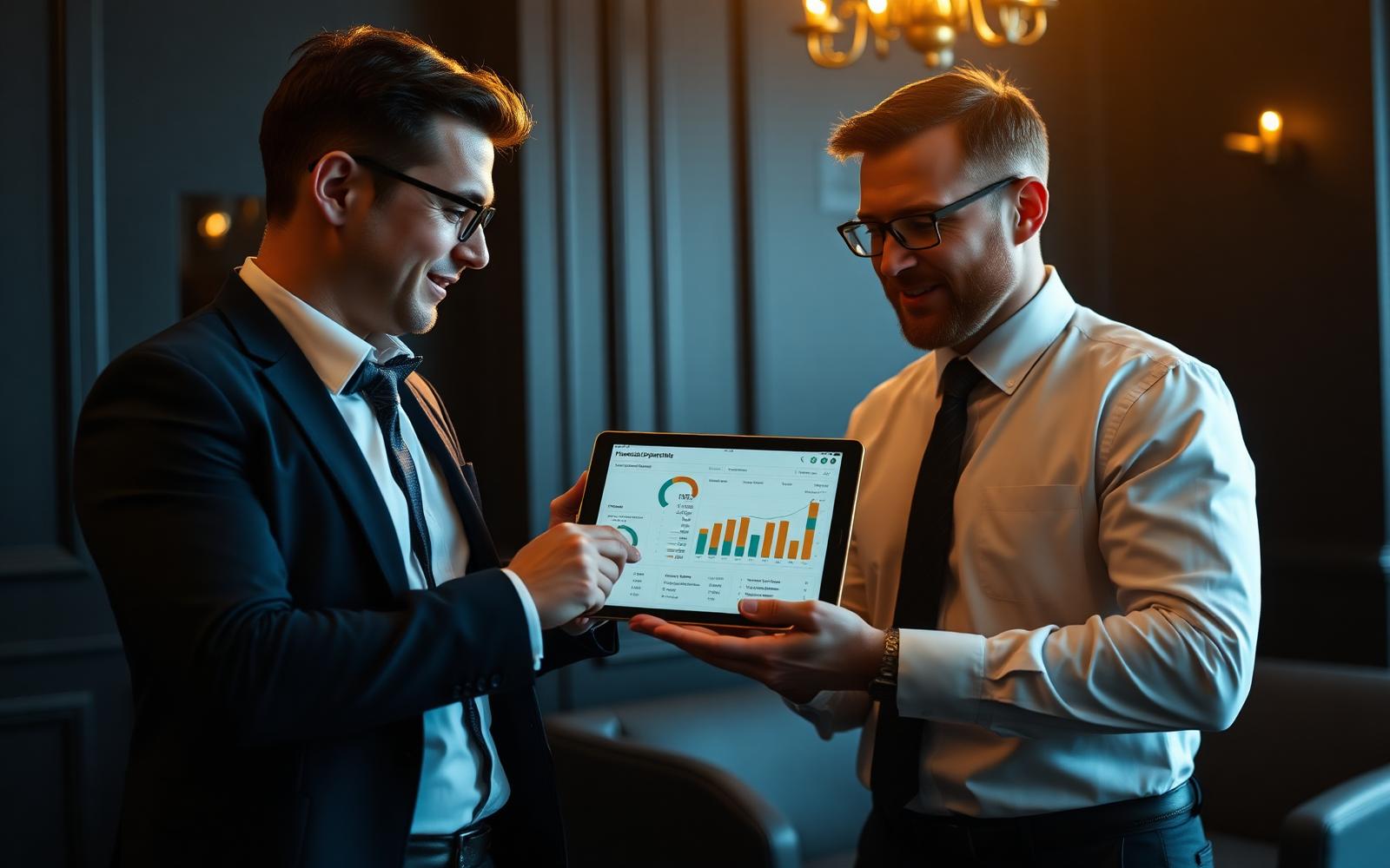 Diagnóstico Financeiro M4 Score — M4 Lopes Especialista apresentando diagnóstico financeiro M4 Score em tablet para empresário